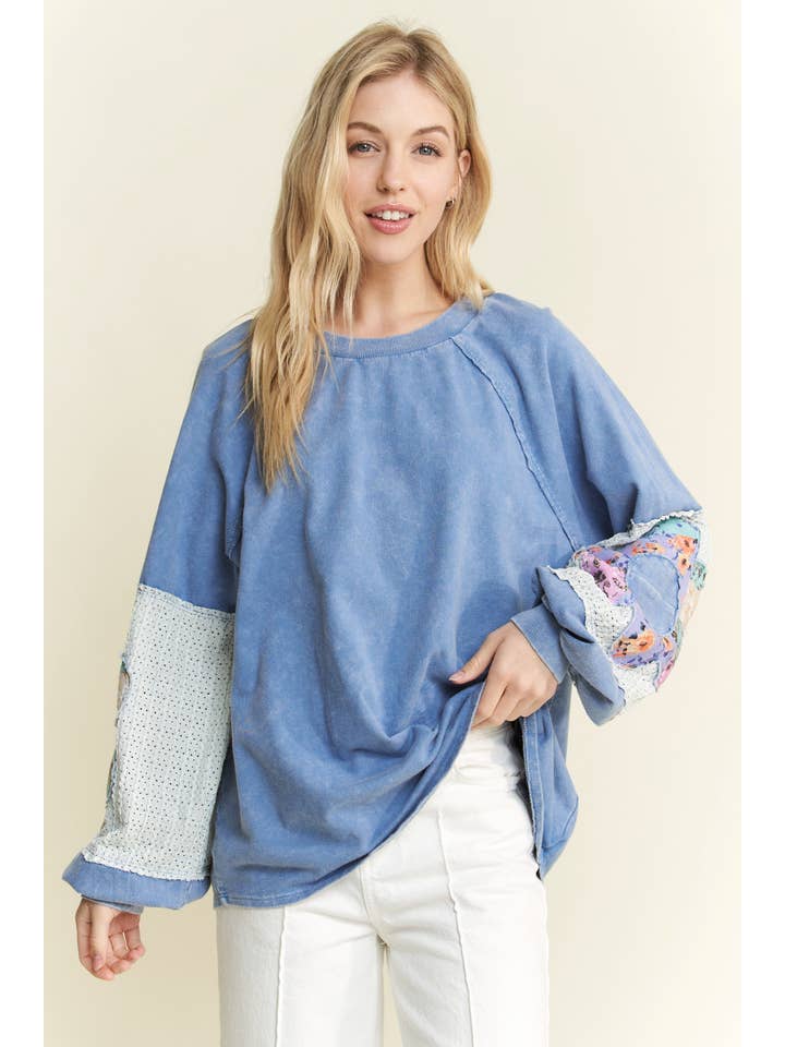 J.Her - Wholesale Sweatshirt - Women's - MineralWash Floral Patched sleeve Terry Sweatshirt HT6063.