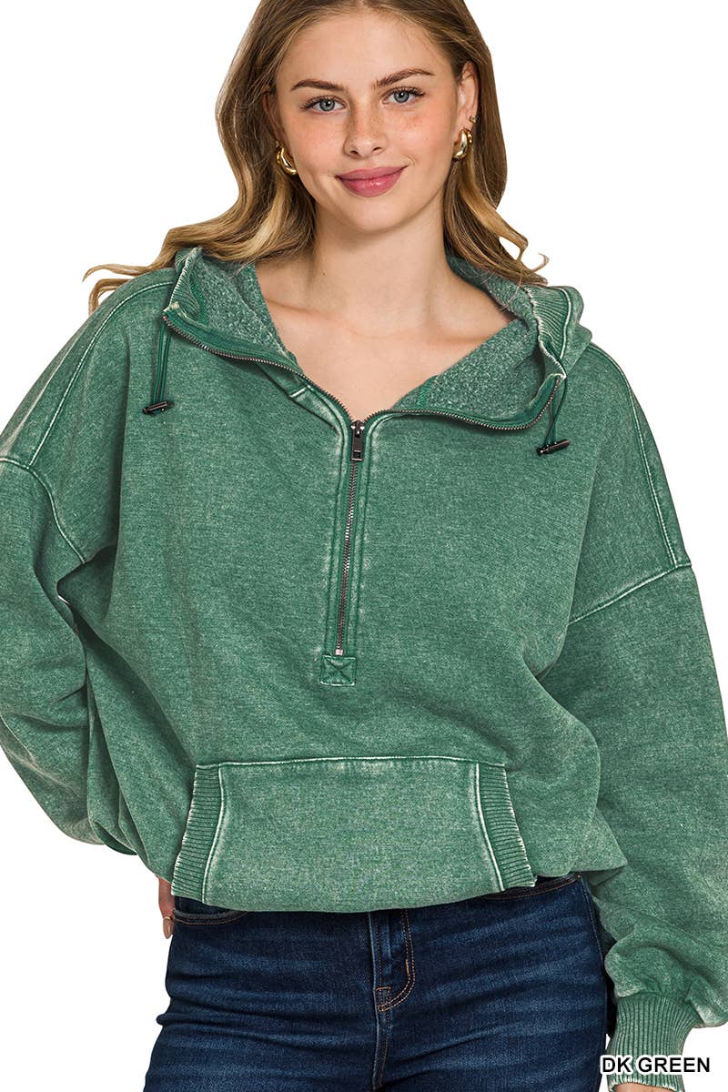 Vanilla Monkey - Wholesale Hoodie - Women's - Washed Drawstring Hem Half Zip Kangaroo Hoodie9