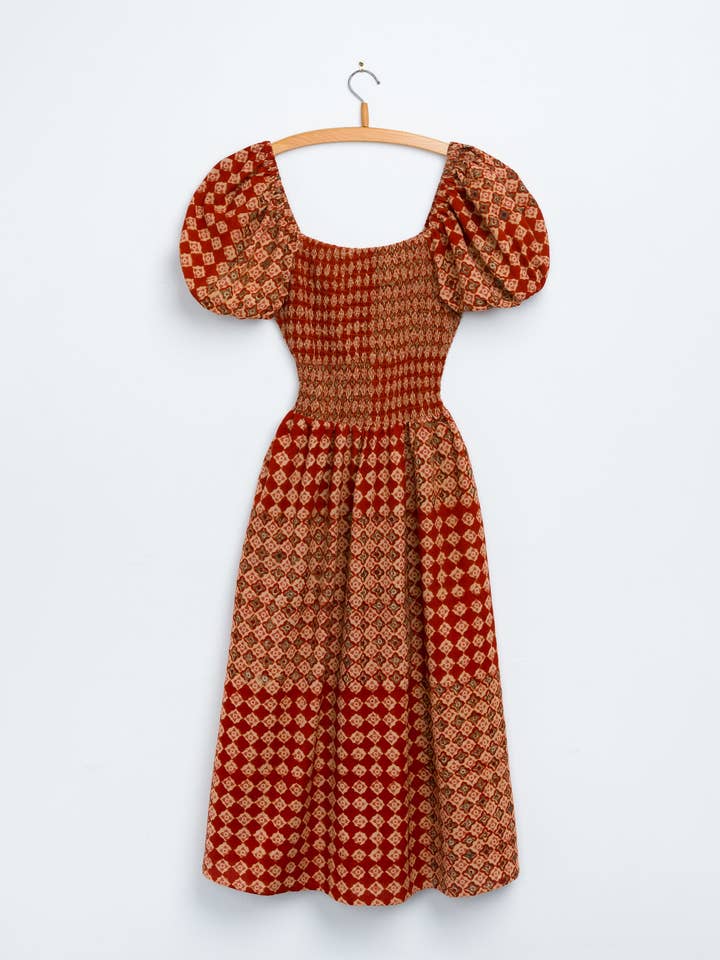 Anika Dress in Engineered Tile Print Madder for wholesale by Umber and Ochre