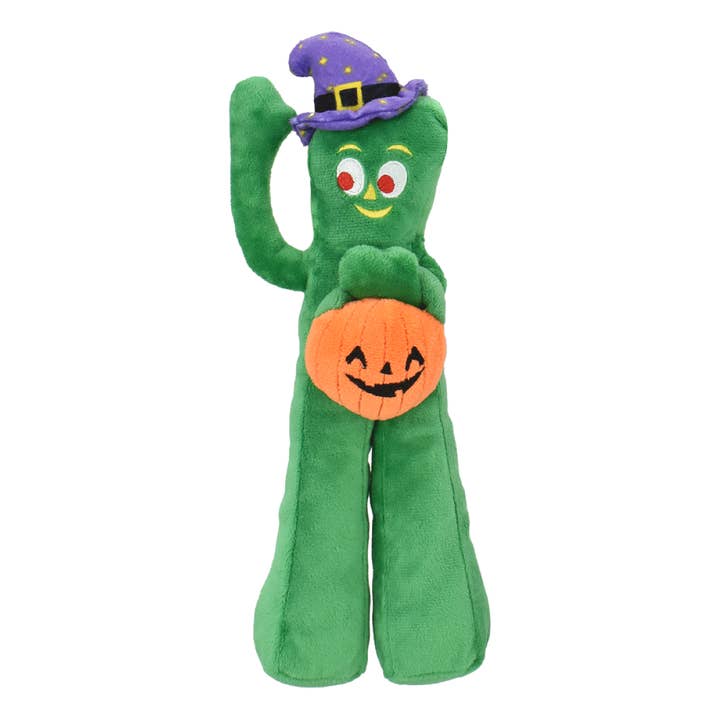 Multipet Halloween Gumby With Hat and Pumpkin Plush Dog Toy 10" for wholesale by Playful Tail