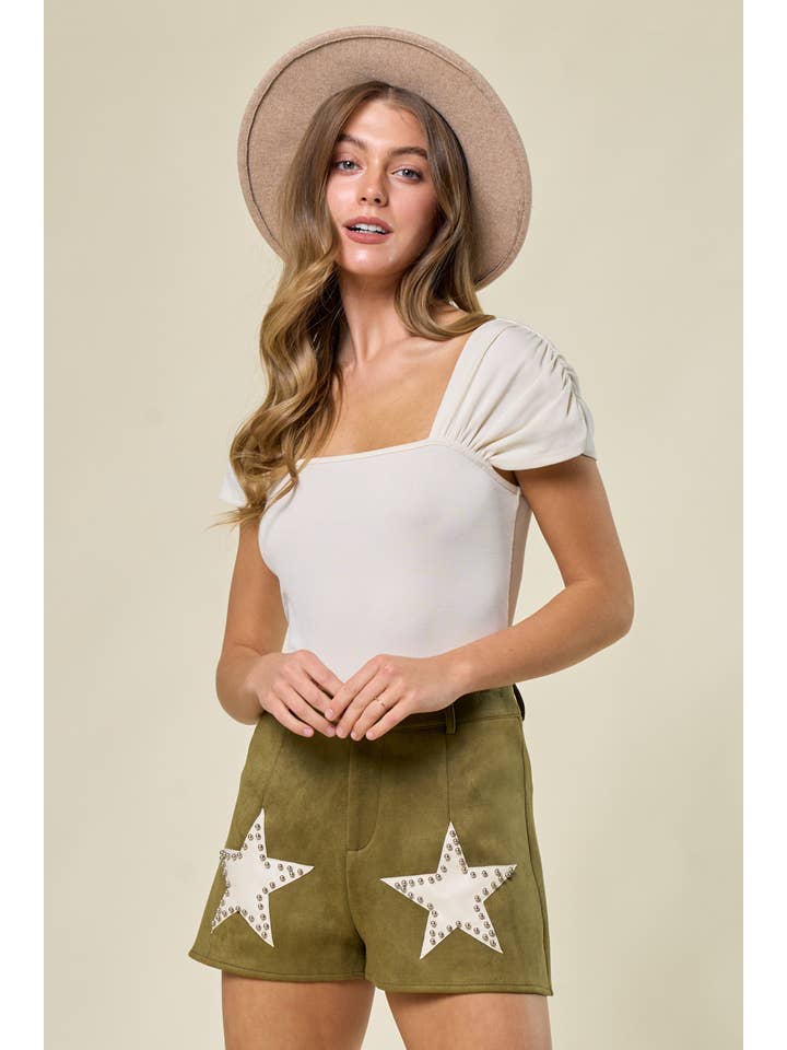 Saints & Hearts - Wholesale Shorts – Women’s - SIP6191A OLV SUEDE SHORTS WITH SOLID SILVER STUDDED STARS1