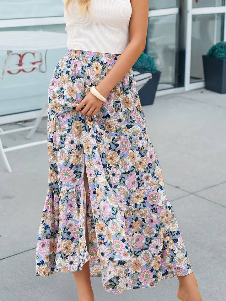 Jupe longue à volants imprimée florale bohème avec fente (S-XL) pour la vente par 66DISCO