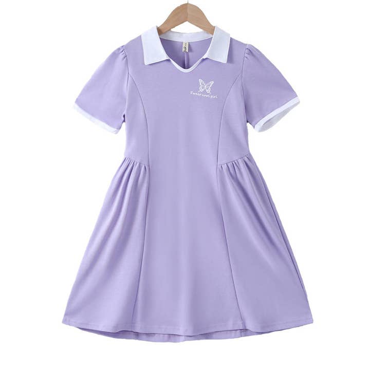 Vestido de verão infantil para meninas estilo esportivo roxo de mangas curtas e gola virada para baixo por atacado de MyKids-USA®