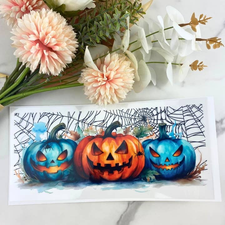 3 Jack-o-lantern Pumpkins | 16 oz UV DTF Wrap for wholesale by HKS Custom Designs