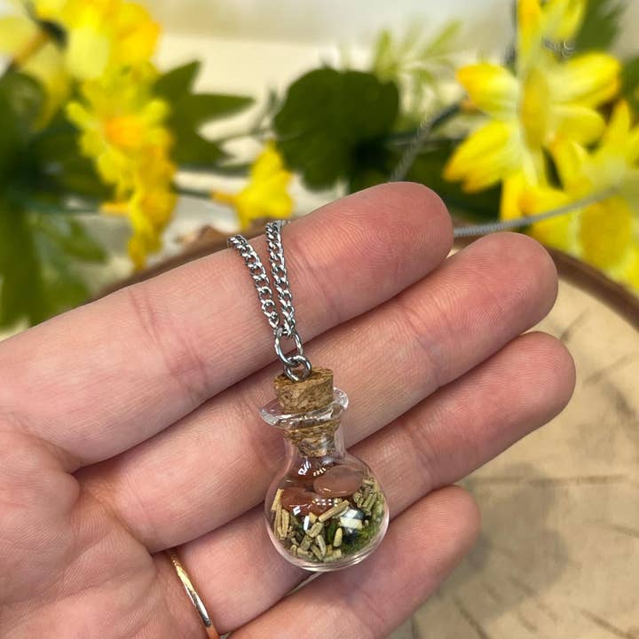 Creativity - Spell Jar Necklace - Moss- Crystals - Witchy for wholesale by Earth Star Healing Collective