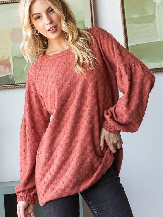 HEIMISH - Wholesale Blouse - Women's - ET7703-10 SOLID BRUSHED CHECKERED JACQUARD KNIT TOP