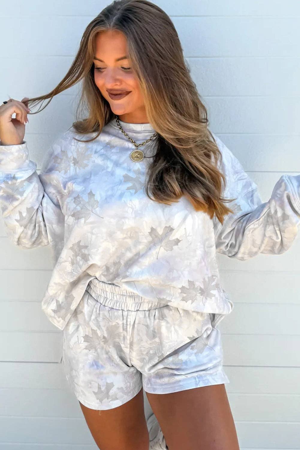 Beige Camo Print Lounge Pullover and Elastic Waist Short Set for wholesale on Faire5