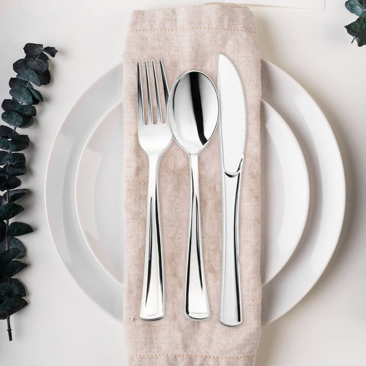 Smarty had a Party - Wholesale Assorted Cutlery Set - Shiny Metallic Silver Plastic Cutlery Combo Set - 120 Guests7