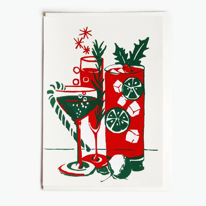 Carte de voeux en sérigraphie Cheers Christmas Cocktail pour la vente par Kathie Studio