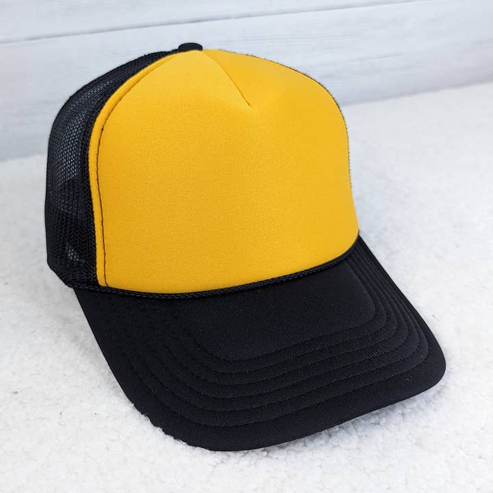 Black and Gold Foam Trucker Hat for wholesale by Trendy Transfers