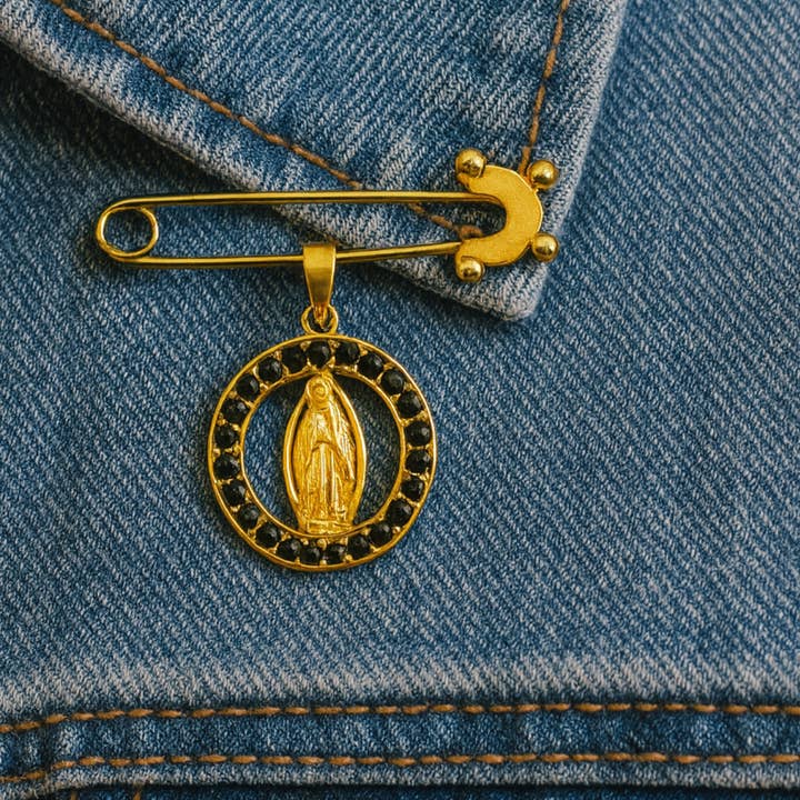 PHOEBE´S - Wholesale Brooch - Gold Virgin Mary Medal Brooch with Black Zirconia0
