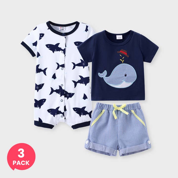 Dark Blue white 3-Pack Baby Boy Whale Embroidery Short Sleeve Set & Romper for wholesale on Faire