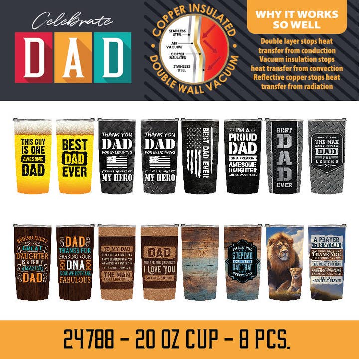 Novelty Closeout - Wholesale Insulated Mug/Tumbler - Father's Day & Dad Themed 20 oz Insulated Cups- 8/Pack