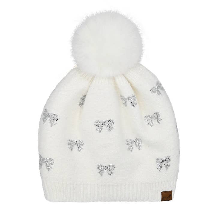 C.C Beanie - Wholesale Beanie - Women's - Allover Mini Rhinestone Bow C.C Faux Fur Pom Beanie HTE0136