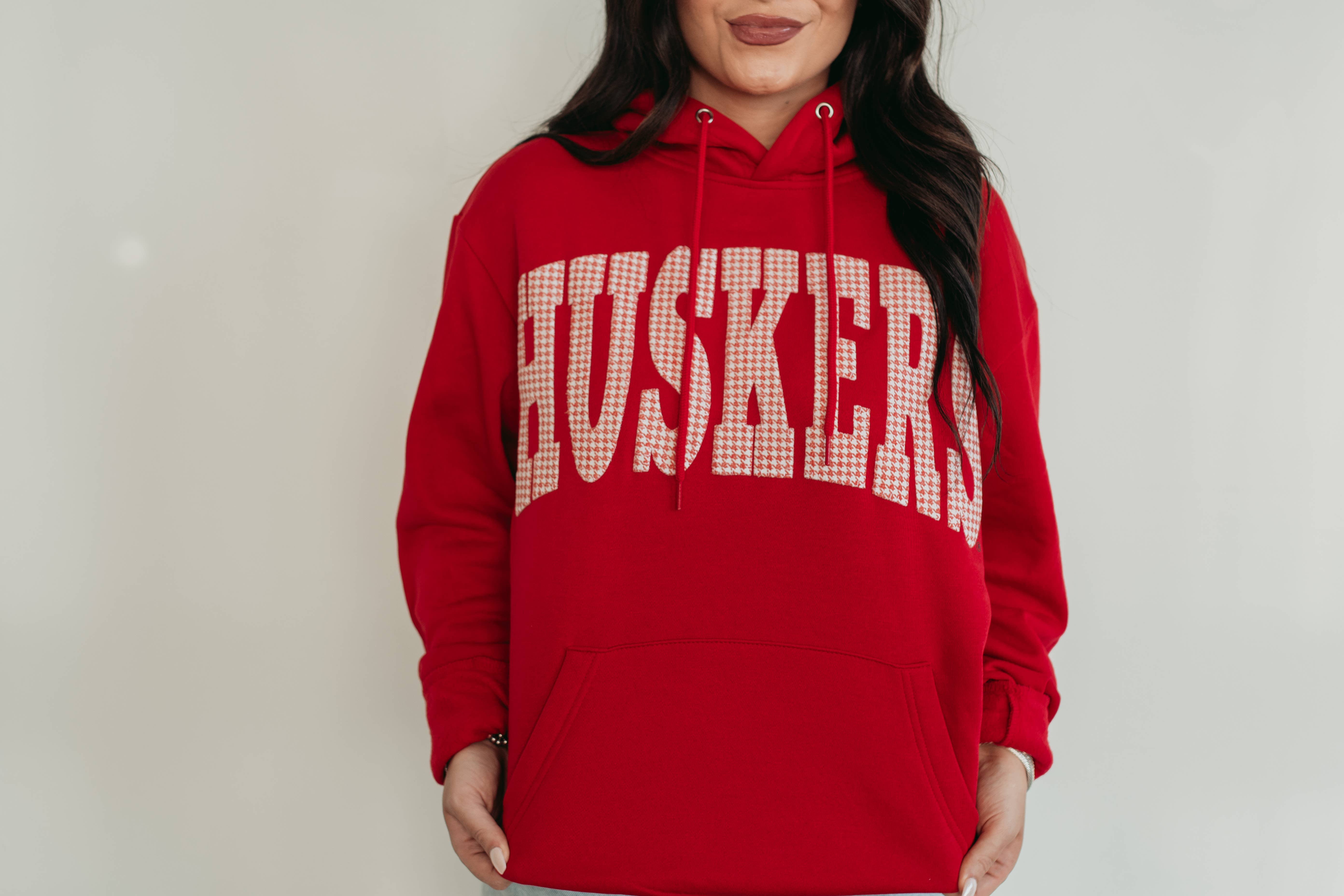 h.flynn - Wholesale Hoodie - Women's - RED HOUNDSTOOTH HUSKER APPLIQUE - RED HOODIE2