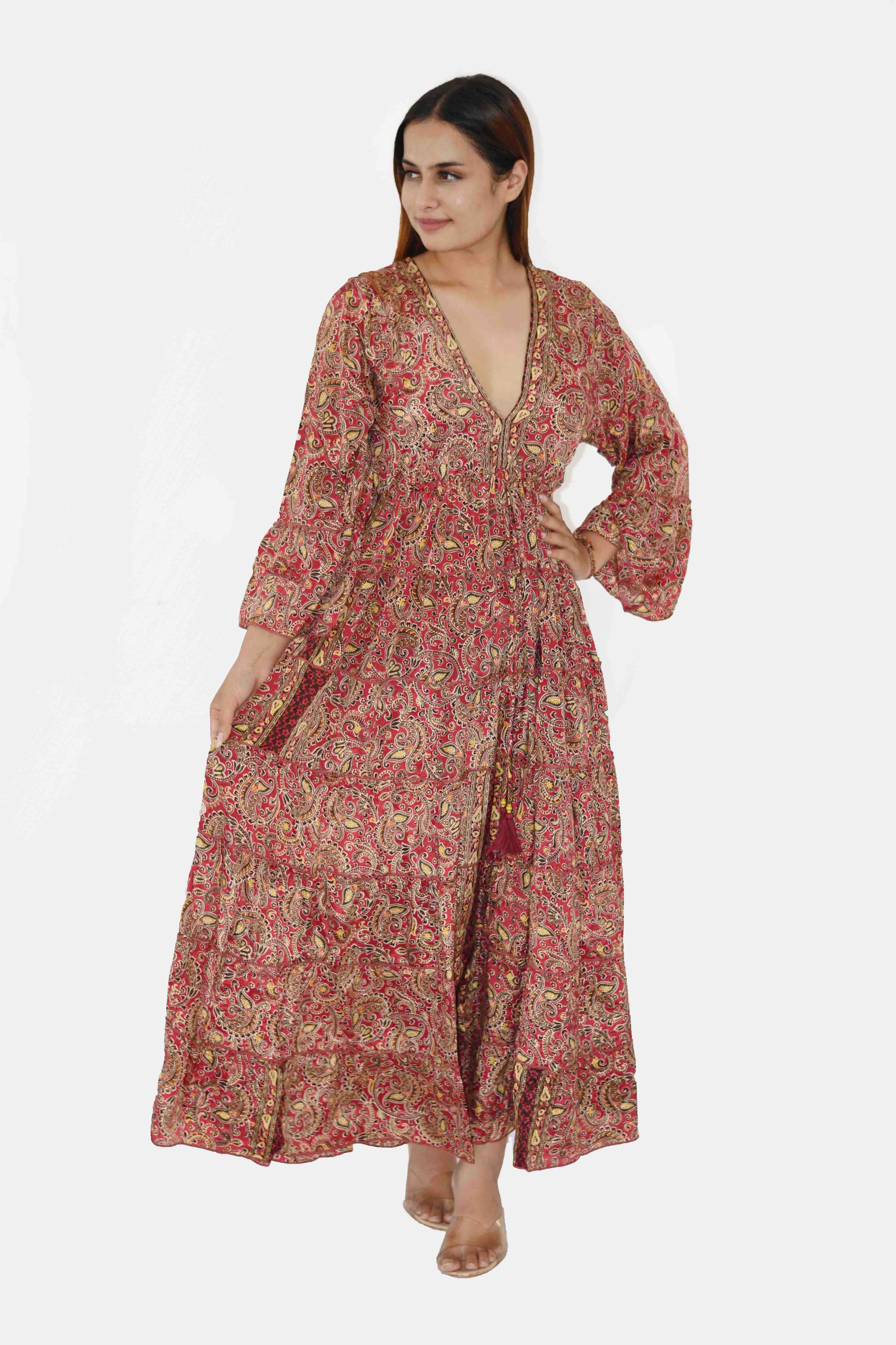 Humanity Centred Designs – wholesale Dress – Women's – V neck Full length printed frill dress with flared Sleeve5