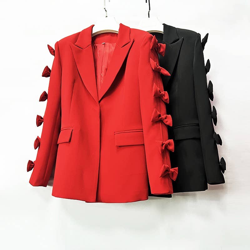 Sanyao Fashion - Vente Veste de tailleur – femme  - Veste de costume mi-longue rouge chic à manches à nœud papillon SY25420