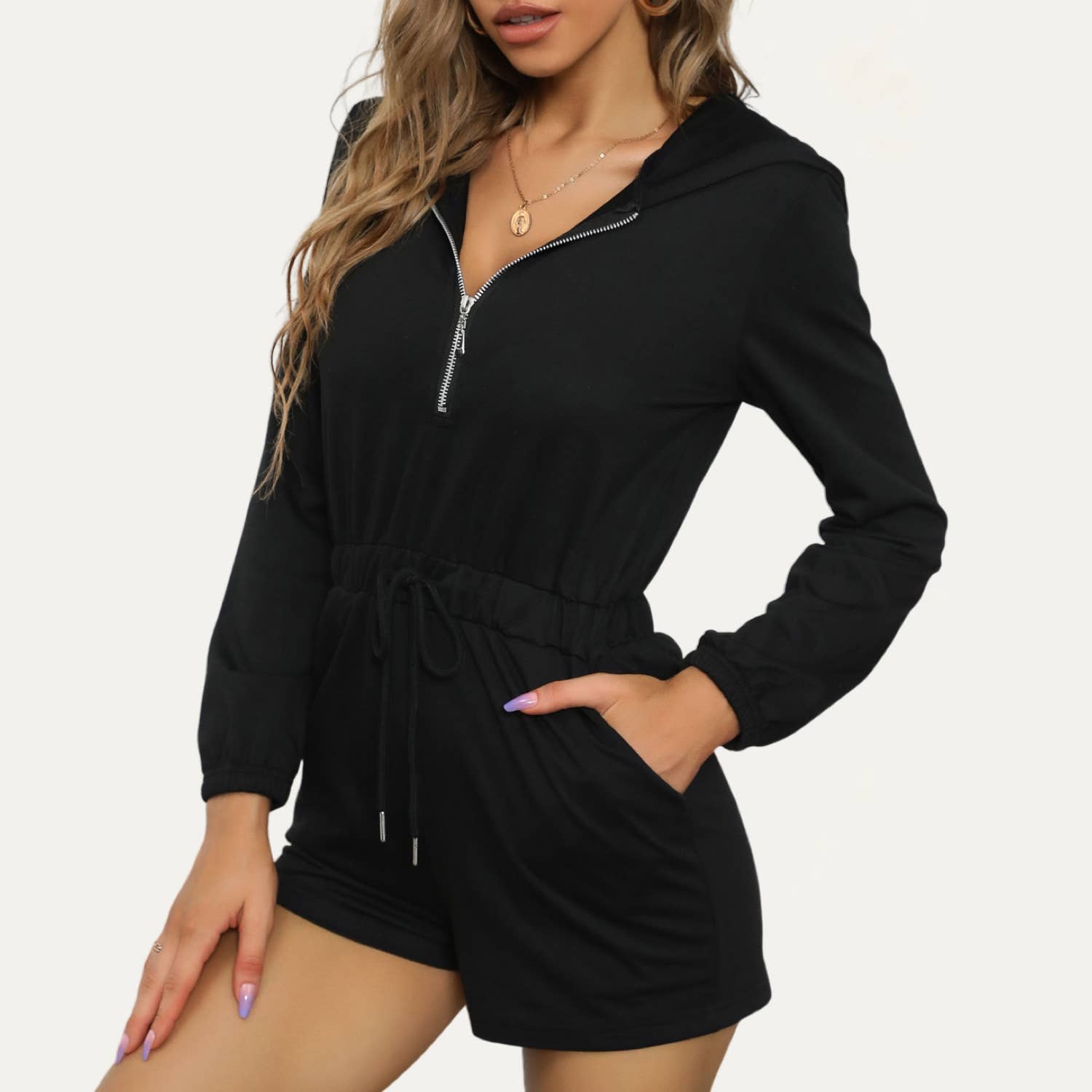 The Moment Collection - Wholesale Romper - Women's - Causal Black Zipper-Up Long Sleeve Hooded Romper2