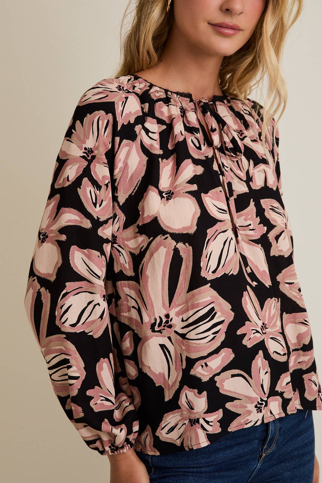 FRONT TIE PUFF LONG SLEEVE FLORAL TOP for wholesale on Faire4