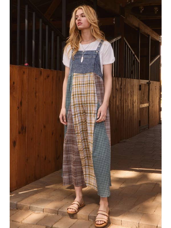 Denim Combo Plus Color Mixed Plaid Overall Maxi Dress for wholesale on Faire