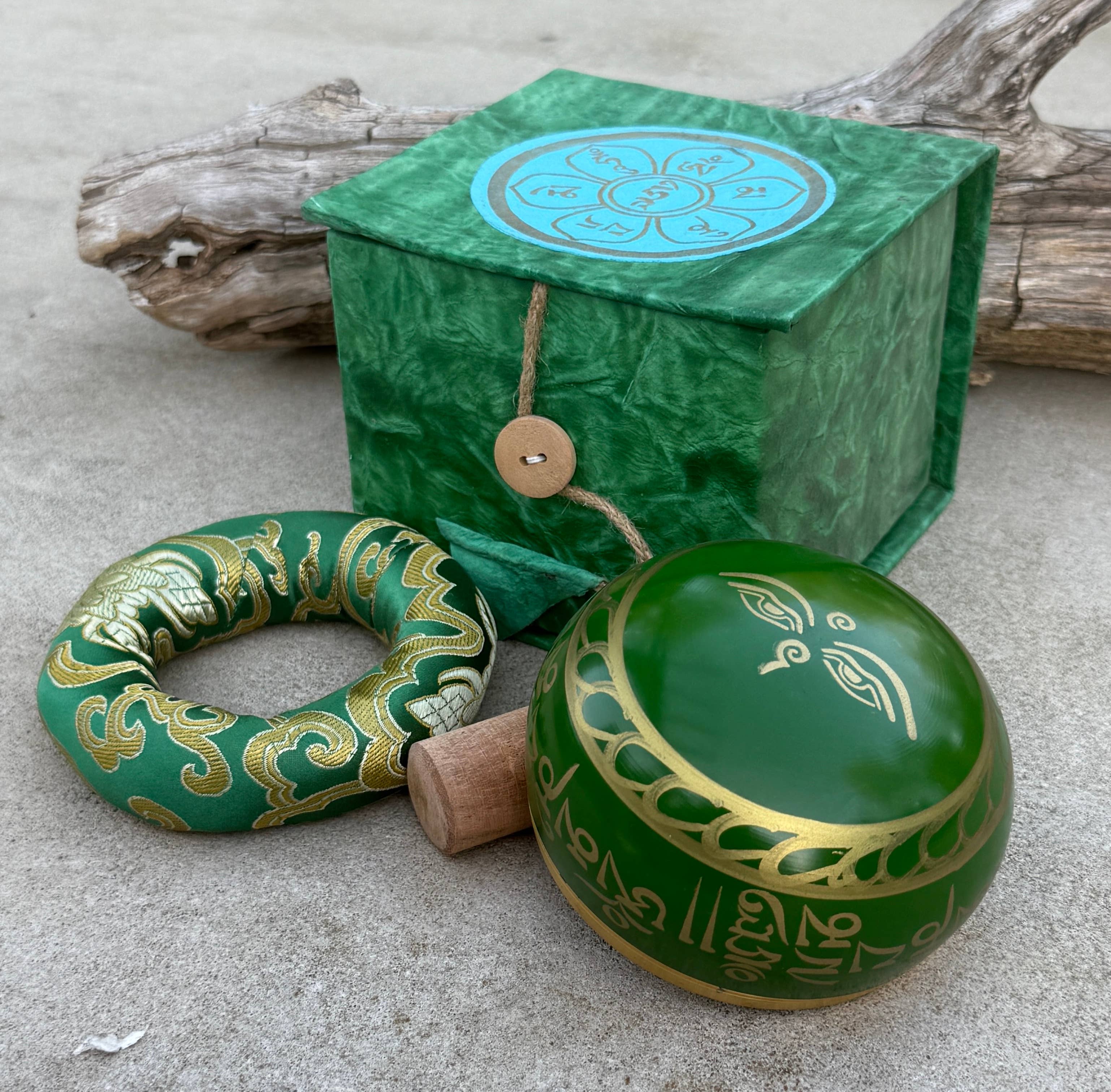 Lungta Imports - Wholesale Meditation Supplies - Tibetan Complete Singing Bowl Gift Box Set with OM Mani Padme Hum Etched Bowl12