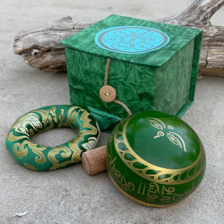 Lungta Imports - Wholesale Meditation Supplies - Tibetan Complete Singing Bowl Gift Box Set with OM Mani Padme Hum Etched Bowl12
