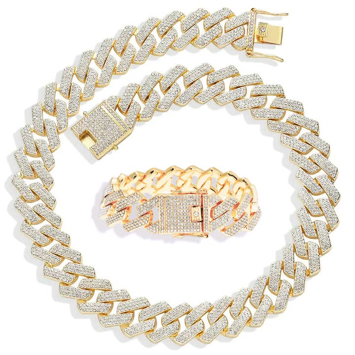 Iced Out 3-Row Necklace & Bracelet Set (20mm, Gold) for wholesale by EMESLY