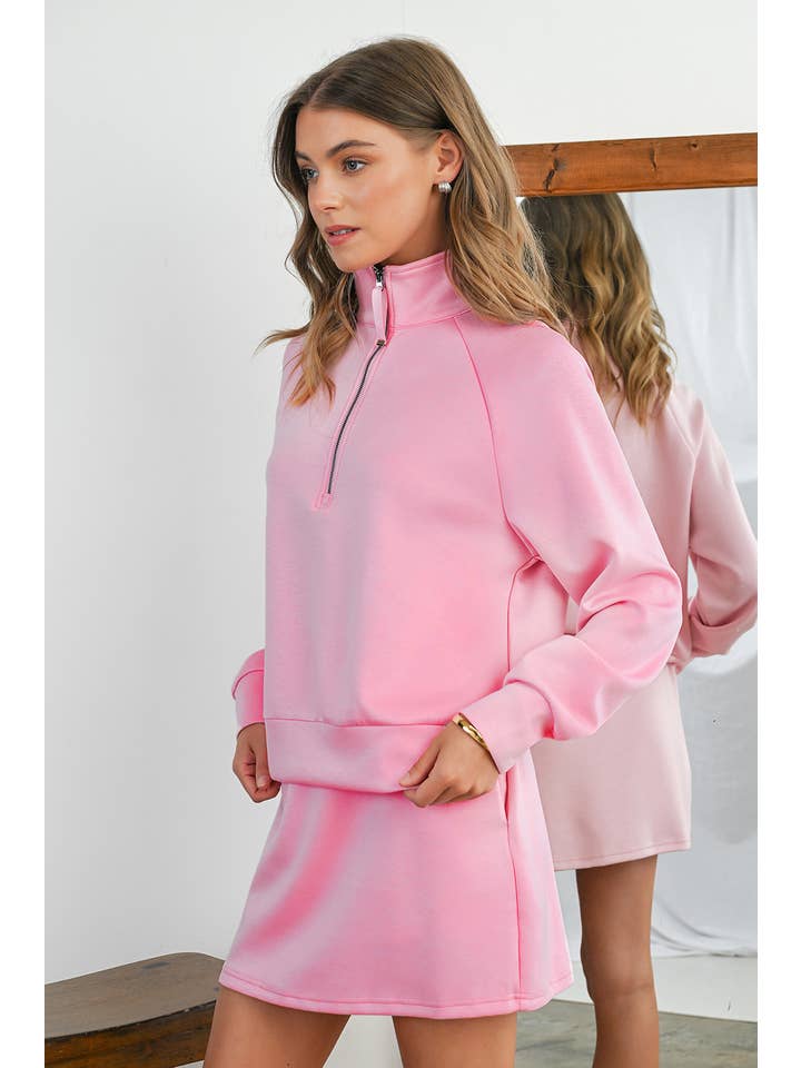 Aapparella - Wholesale Top & Skirt Set - Women's - Solid Half Zip Front Pullover & Mini Skirt 2 Pcs Set | S-XL11