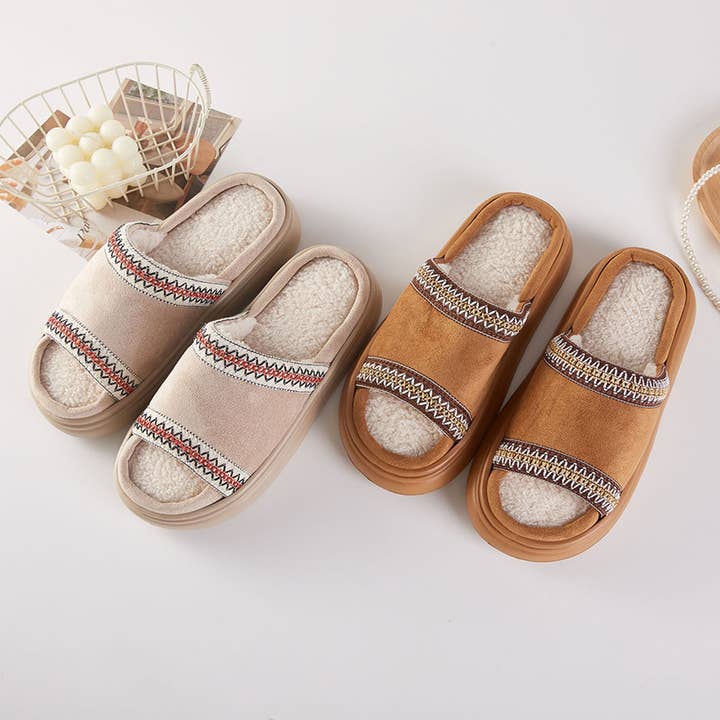 6 pares - Zapatillas de casa de felpa con bordado de patrón tribal para interiores para venta al por mayor de Sensibling Corp.