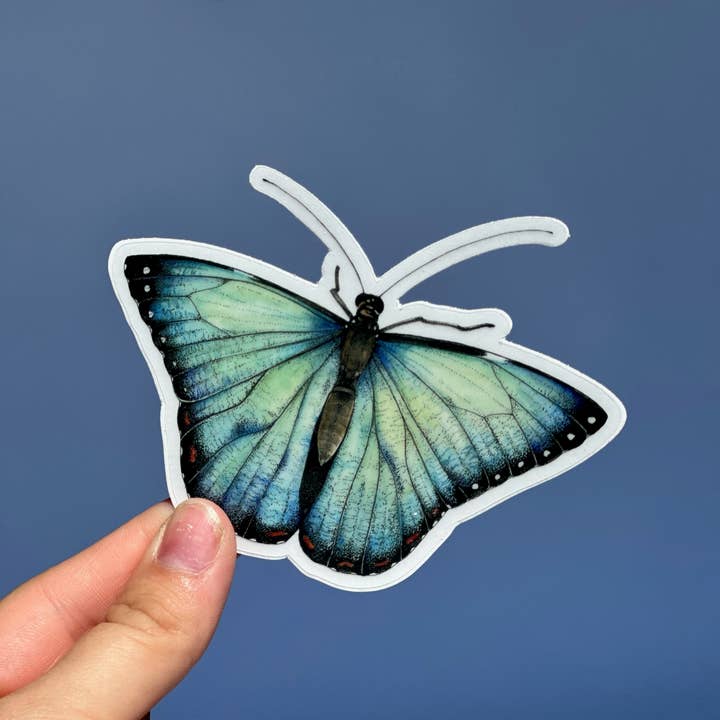 CMCARTILLUSTRATIONS – Großhandel Aufkleber – Blauer Schmetterlings-Aufkleber aus transparentem Vinyl, wasserfest, gestanzt