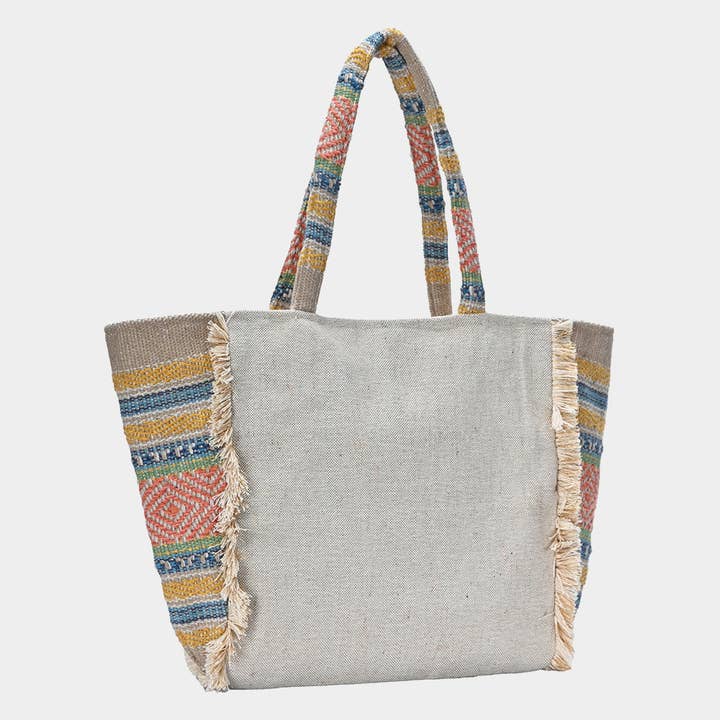 Sensibling Corp. - Wholesale Tote Bag - Women's - Evil Eye Seed Beaded Fringe Trim Ethnic Jute Tote Bag2