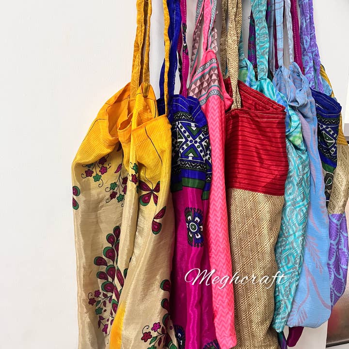 Meghcraft - Vendita all'ingrosso Borsa per shopping/spesa - Borsa per la spesa in seta vintage-Seta riciclata- Borse per sari riciclate