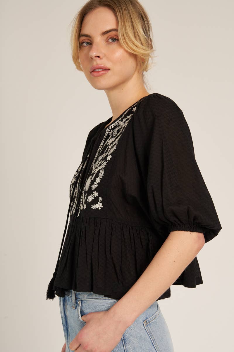 En Crème - Wholesale Blouse - Women's - Puff Sleeve Peplum Top with Embroidery Detail2