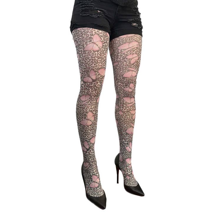 Butterfly and Leopard Print Tights Pink, White & Black for wholesale by Malka Chic