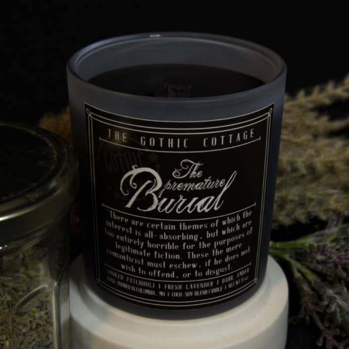 Lavender & Patchouli—8oz black candle | The Premature Burial for wholesale by The Gothic Cottage