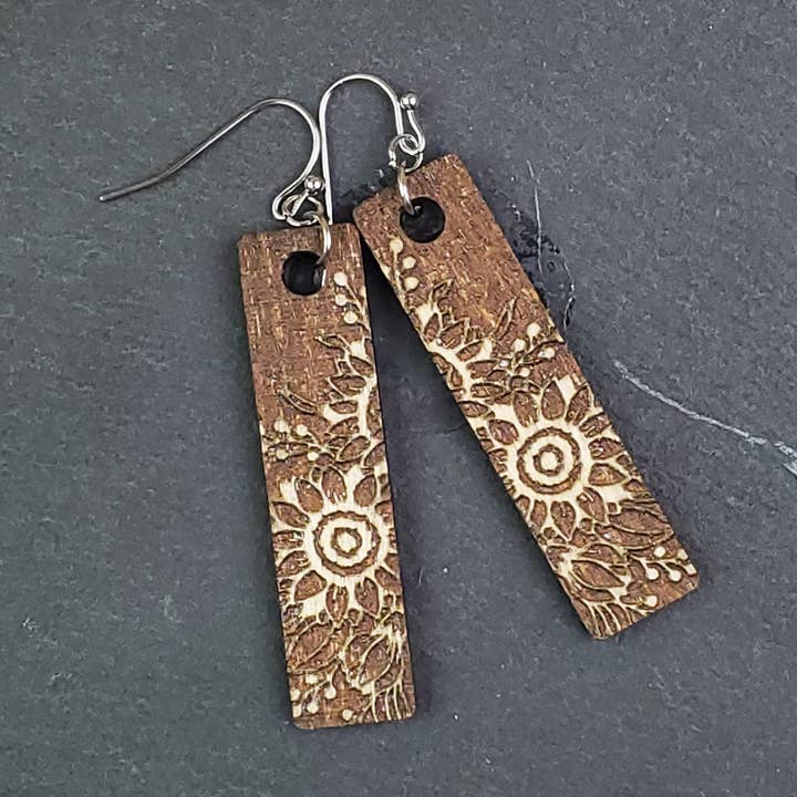 Small Sunflower Reverse Engraved Rectangle Wood Earrings for wholesale by A Farm Girl by Tess
