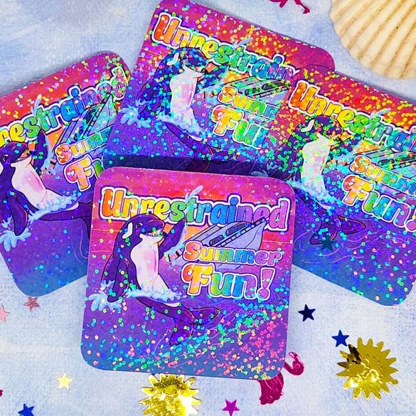 Unrestrained Summer Fun Holographic Sticker for wholesale by Emmi Kat Johnson
