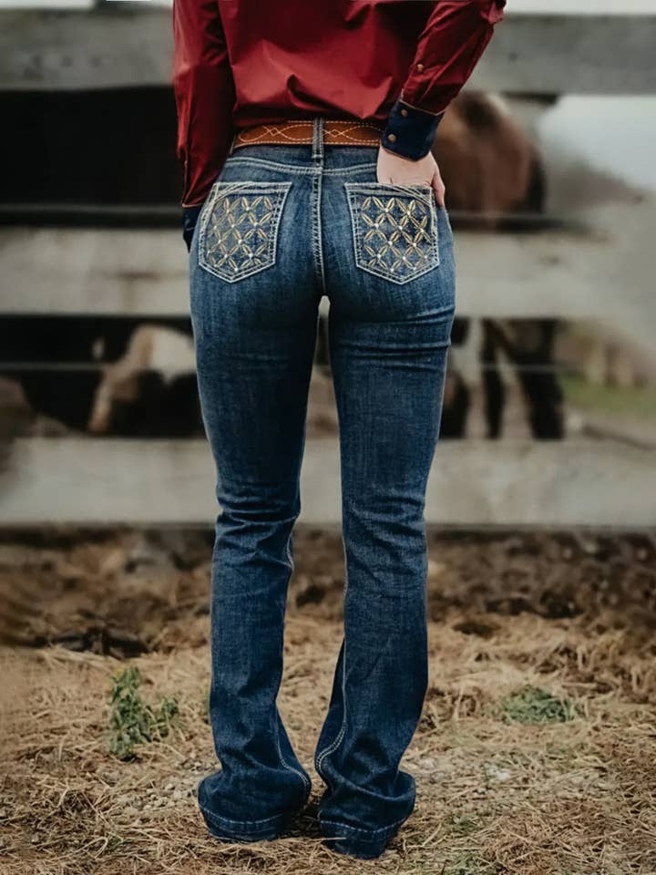 Blue Women's Stretch Flare Jeans Embroidered Boho Denim Pants, for wholesale on Faire1