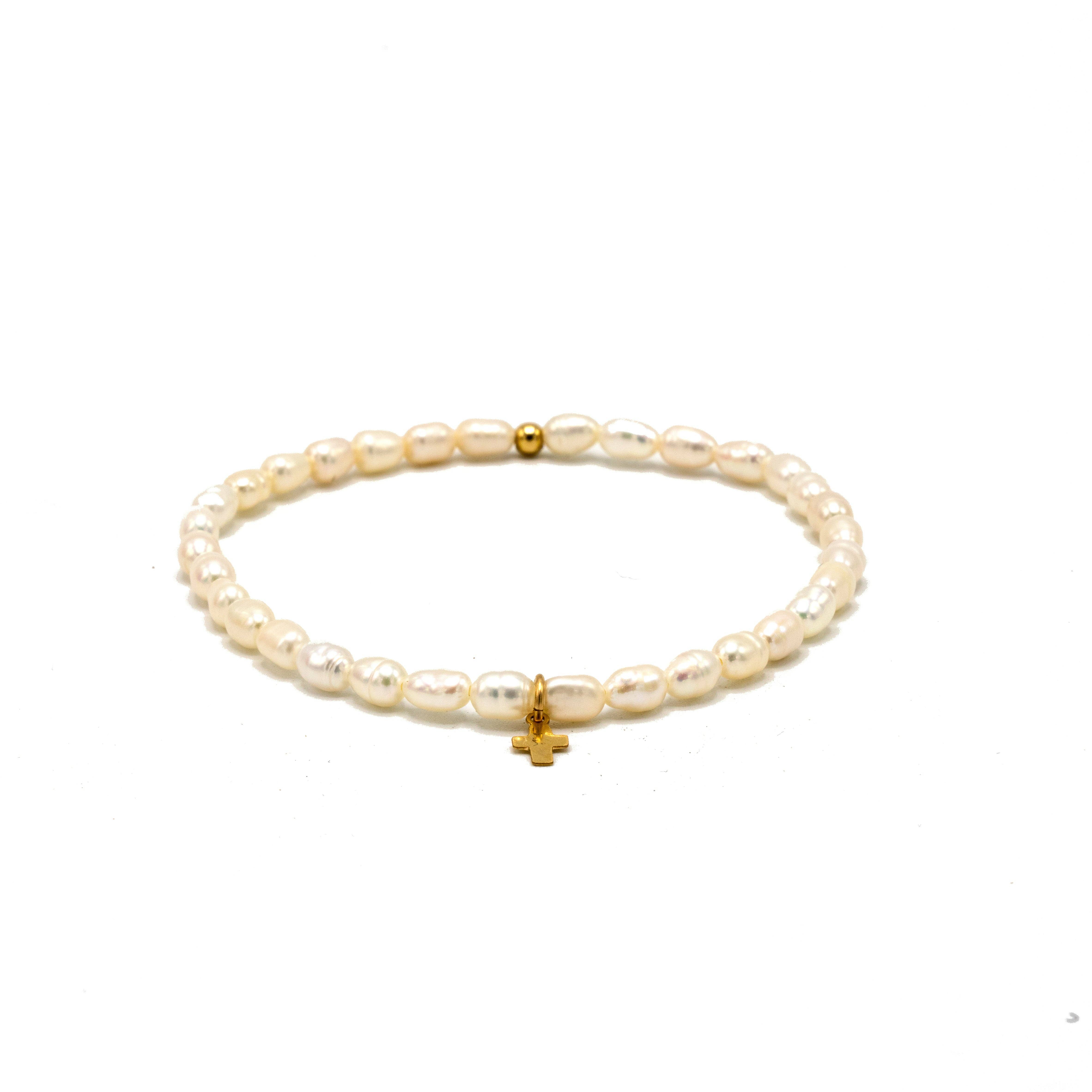 erin gray - Wholesale Beaded Bracelet - Rice Pearl Waterproof Bracelet with a Gold-Filled Luxe Cross1