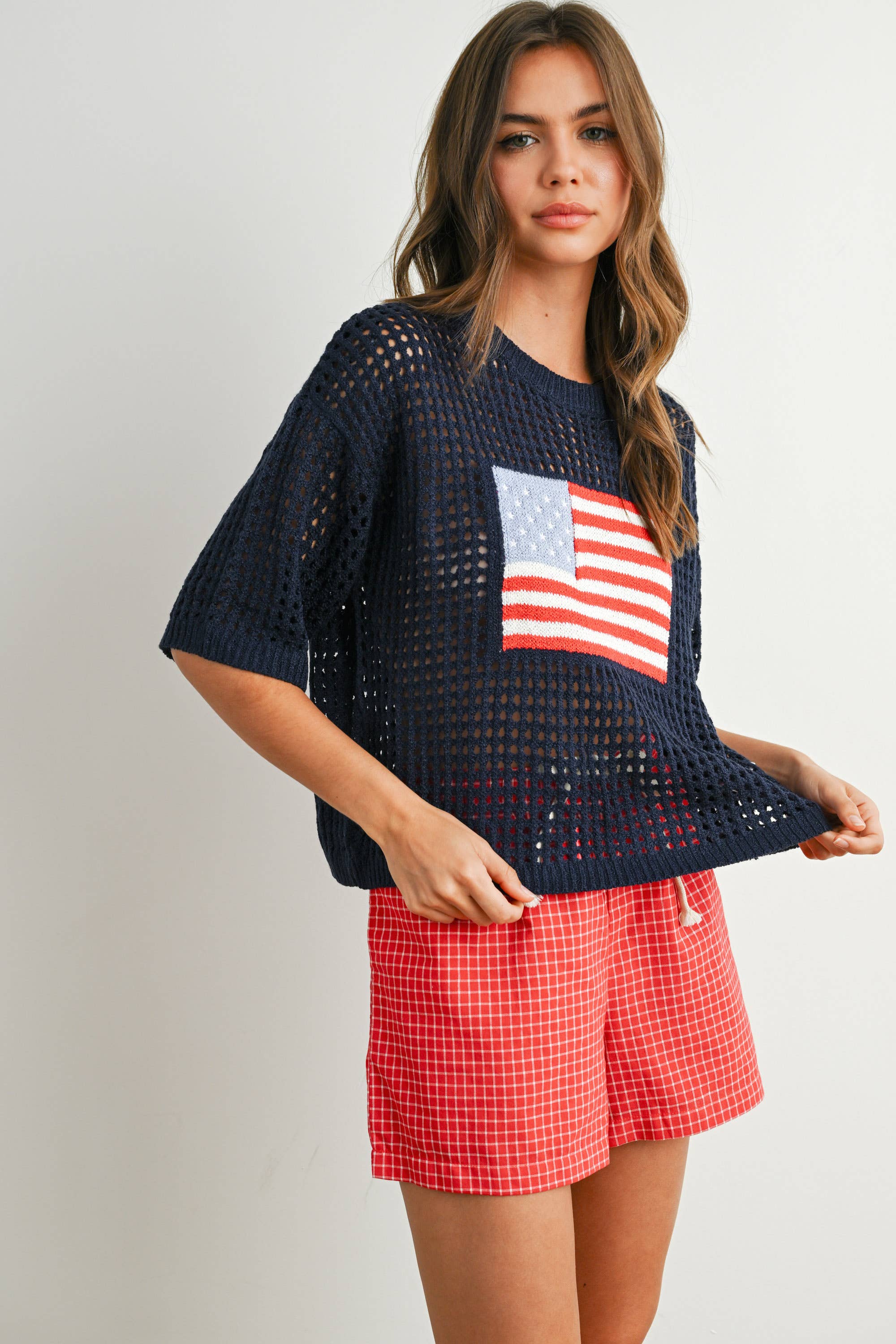 BUTTERMELON - Wholesale Knit Top - Women's - Flag Print Open Knit Crochet Sweater Top - BMW77354