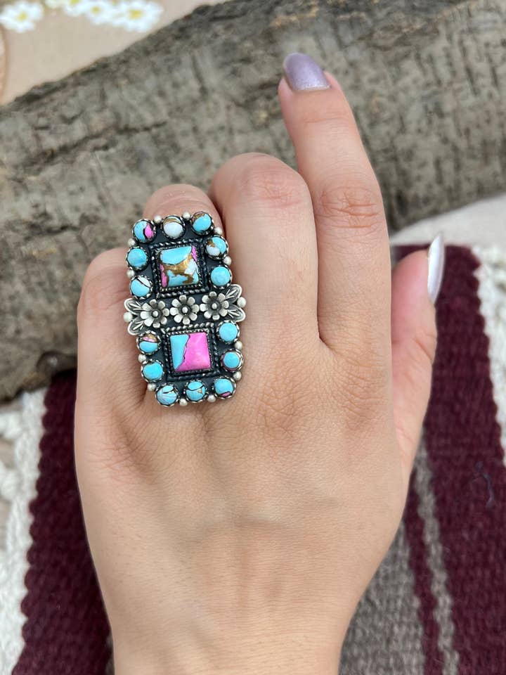 Handmade Sterling Silver Cotton Candy Turquoise Adjustable Rings with Signed Nizhoni for wholesale by Nizhonitradersllc