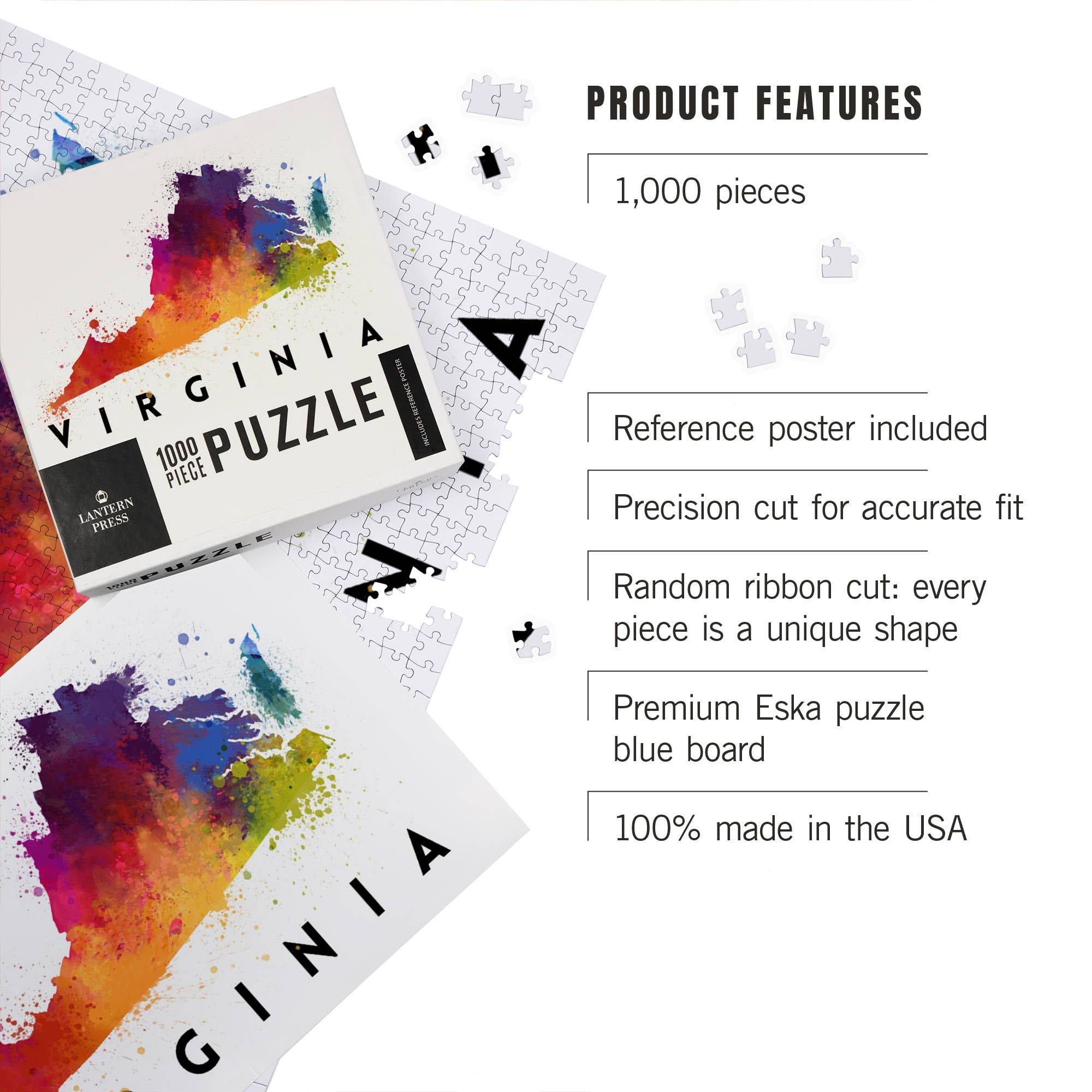 Lantern Press - Vente Puzzle – adulte - PUZZLE DE 1000 PIÈCES Virginia, State Watercolor2