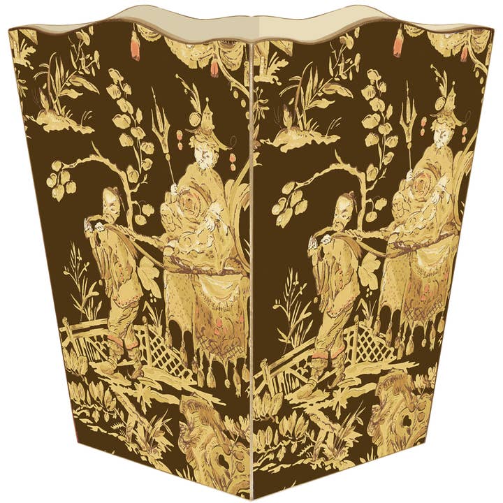 Corbeille à papier asiatique en toile brune et dorée pour la vente par Marye-Kelley