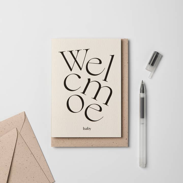 Serif Type Welcome Baby Card for wholesale by Kinshipped