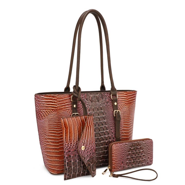 KAYLA+AVA - Wholesale Tote Bag - Women's - CELESTINE CROC EMBOSSED OMBRE 3 IN 1 TOTE SET