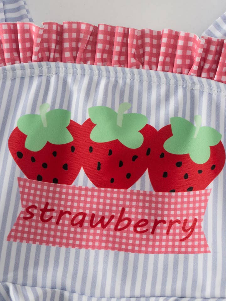 littleoneusa - Wholesale One Piece Swimsuit - Kids - Blue Stripe Strawberry Ruffle Girl One Piece Swimsuit