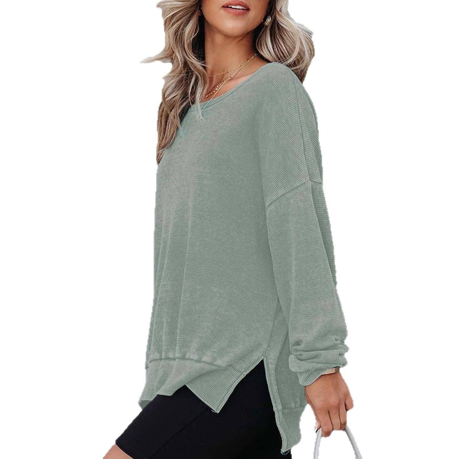 Masyal - Wholesale Sweatshirt - Women's - Autumn Round Neck Long Sleeve Waffle Sweatshirt T-Shirt6