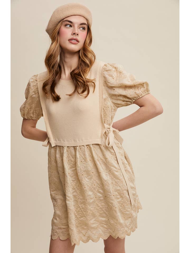 Listicle - Wholesale Dress - Women's - Embroidered Puff Sleeve Dress with Knit Vest11