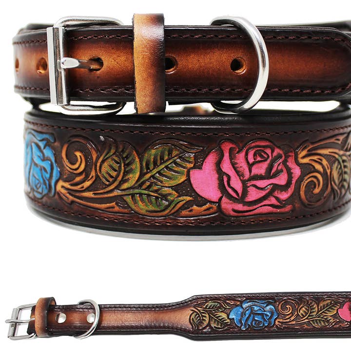 Padded Leather Hand Crafted Tooled Dog Collar 60FK52 for wholesale by Challenger