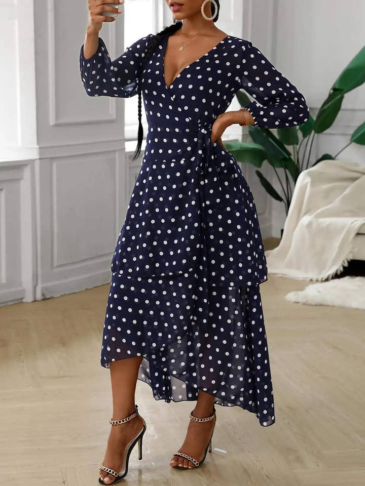 polkadot print layered ruffles maxi dress for wholesale by Flarix